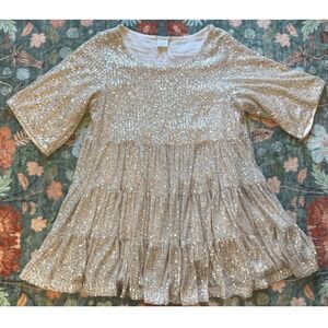 By‎ Together Sequin Tiered Babydoll Dress Champagne Gold L3720 Womens Small
